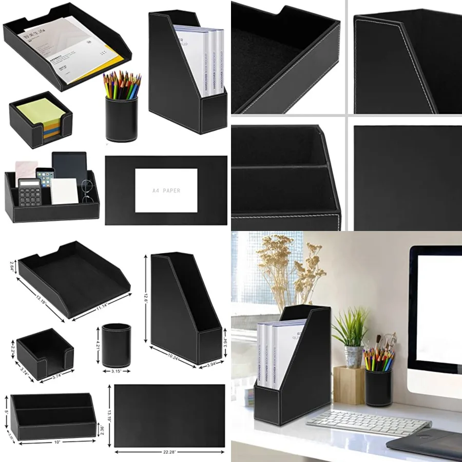 

Office Supplies PU Leather 6-Piece Set Desk Organizer, Include Writing Pad, Letter Tray, file folder Sorter/Magazine Holder, Pe