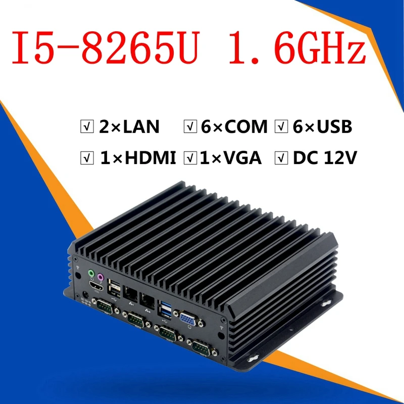 IPC i3-8145U i5-8265u i7-8565u Industrial Fanless Mini PC 6*RS232 COM 2*1000M Lan VGA HDMI USB GPIO Support Linux Windows 10