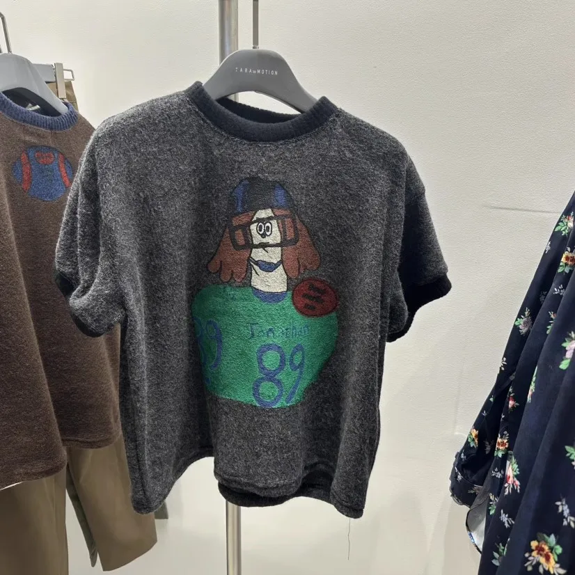 

Loose Fit Crew Ne ort Sve Fce Lined Cartoon Letter Print T-irt Women's Autumn Winter Faion Korean Sle Top