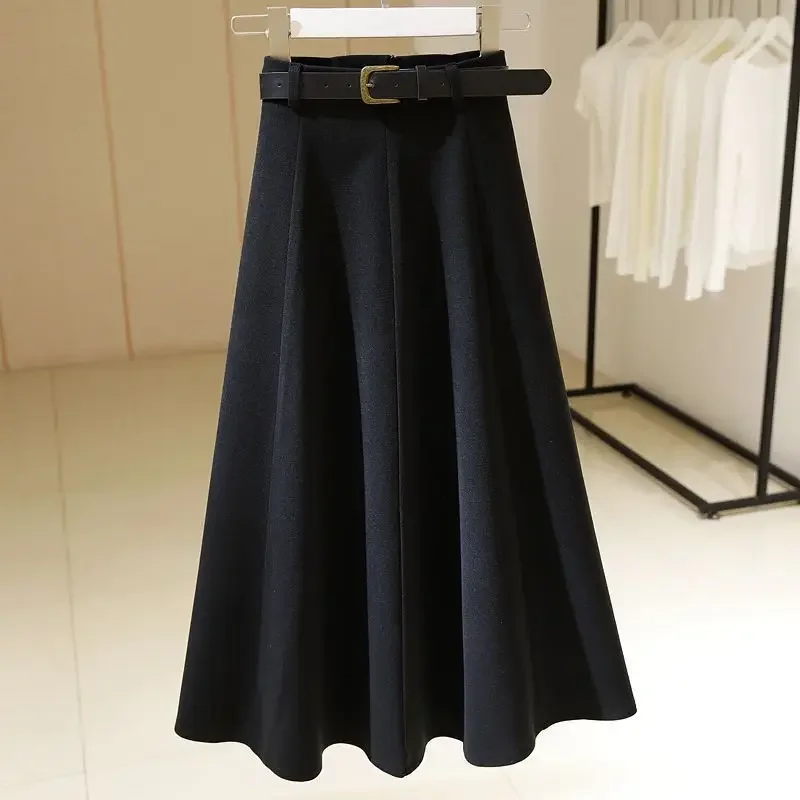 ใหม่ High End Midi กระโปรงผู้หญิงฤดูใบไม้ผลิฤดูใบไม้ร่วงแฟชั่น Slim High เอวสีทึบ Elegant Office Lady Woolen กระโปรงกับเข็มขัด