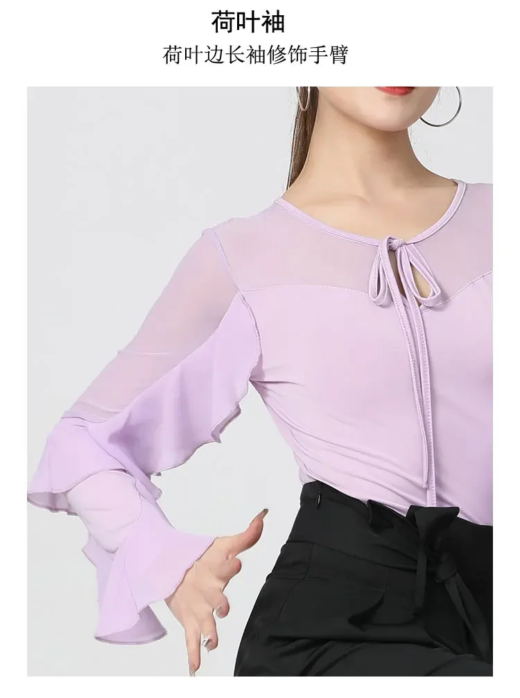 Modern Dance Top Women's New Latin Dance Ruffled Long Sleeve Body National Standard  Performance Friendship Dance Practice