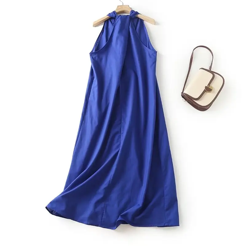 

Jenny&Dave Summer French Fashion Dress Women Royal Blue Elegant Dress Office Ladies Retro Halter Neck Casual Commuting Party