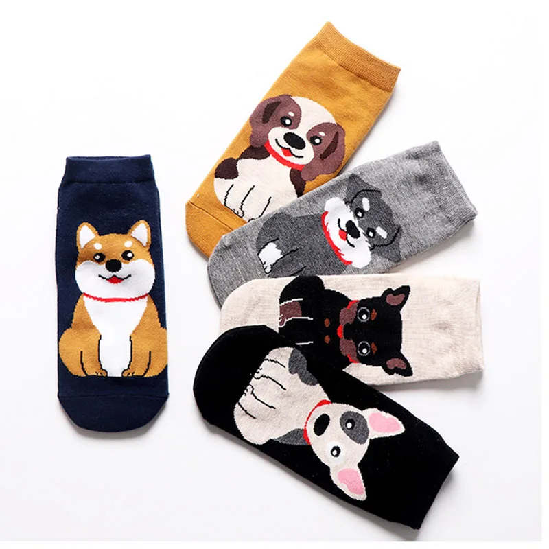 Calcetines tobilleros de algodón con estampado de perro para niña, medias divertidas e informales con dibujos de animales, novedad, 5 pares