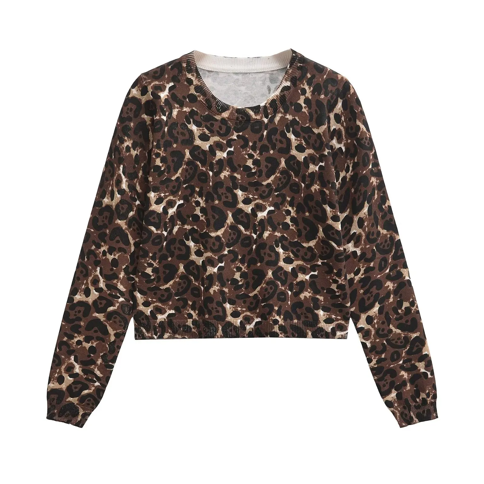 Sweater 2024 Autumn New Product Women's Clothing Animal Pattern Leopard Print Long Sleeve Round Neck Knitted Sweater Hoodie