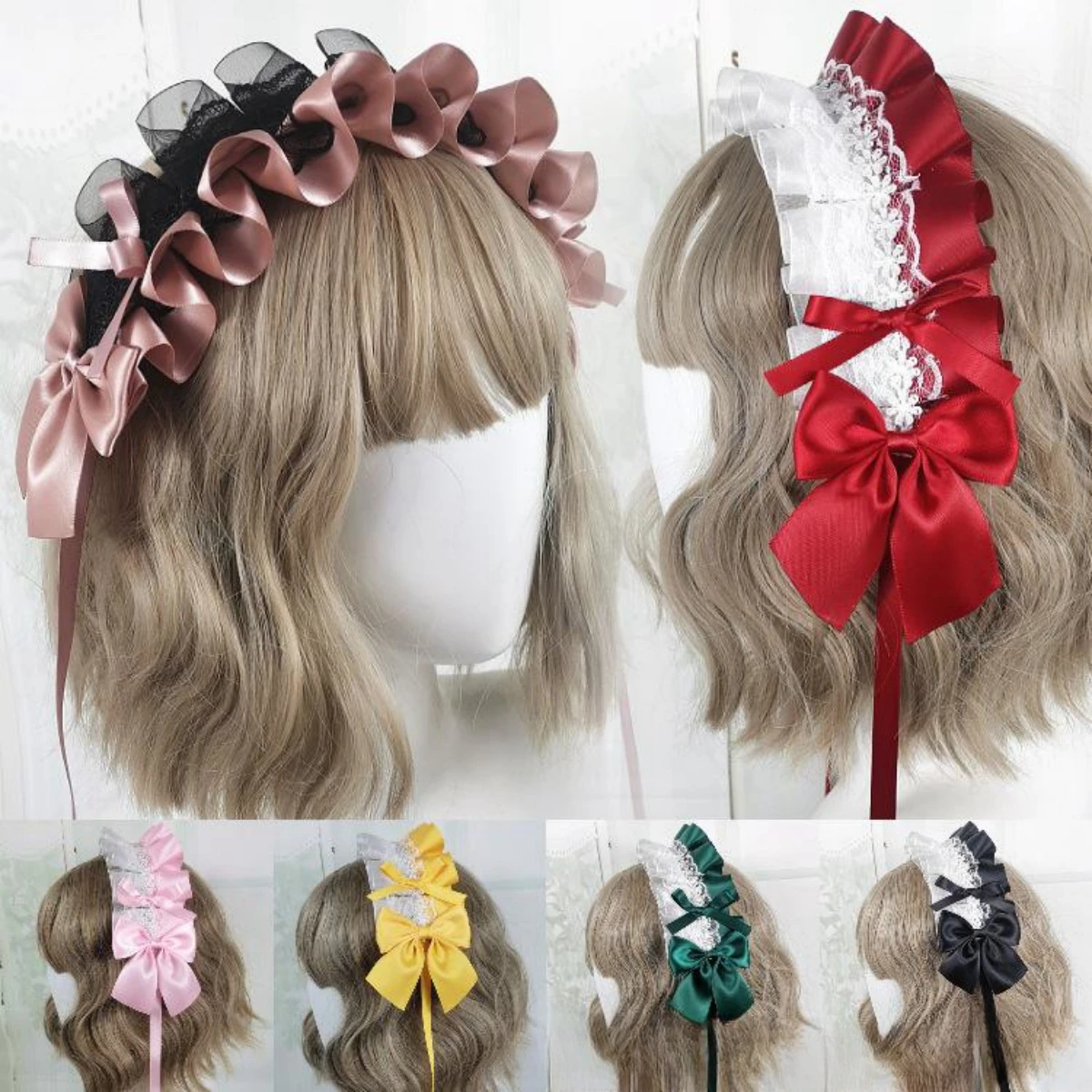 Gothic lolita Sweet Headband Contrast Color Ruffled Lace Ribbon Bow Hairband With Hairpins Anime Maid Headdress