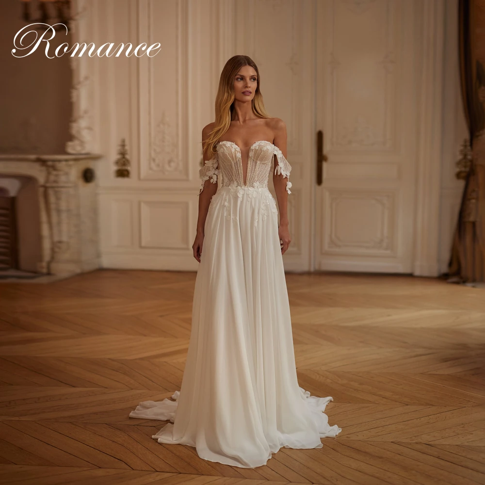 

Elegant Appliques V-Neck Pleat A-Line Wedding Dress Off The Shoulder Lace Beading Open Back Chiffon Vestidos De Novia Customized