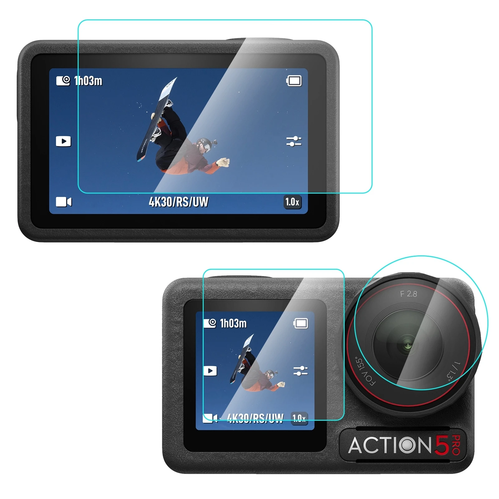 PULUZ for DJI Osmo Action 5 Pro 3-in-1 Lens Front and Back Screen Tempered Glass Explosion-proof Film
