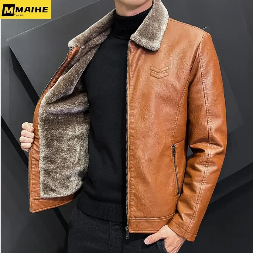 

Korean Latest Fleece Fur Leather Jacket Men Winter Fashion Laple Zipper Straight Hem Formal Casual Coats Bomber Leather Jacket