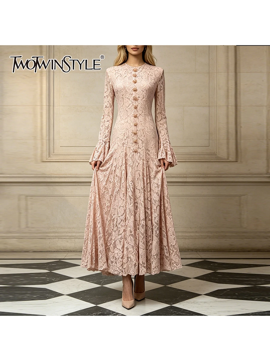 TWOTWINSTYLE Solid Lace Flower Button Decor Dress for Women Round Neck Long Flare Sleeve Patchwork Lace Slim Fit Gown Female New
