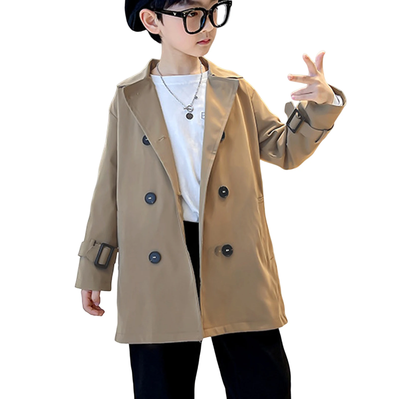 

Boys Trench Coat Lapel Double-breasted with Belt Windbreaker Teen Childrens Loose Overcoat Khaki Jacket Spring Autumn Outerwear