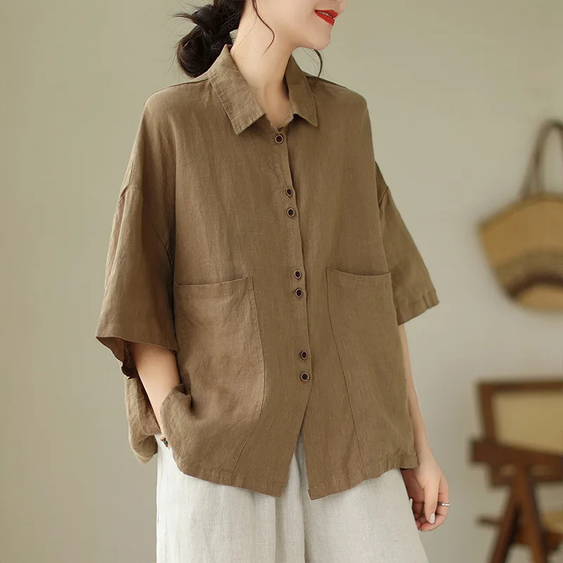 Camisa feminina de linho de algodão com bolso grande lapela manga média solta ajuste casual top agasalhos de comprimento médio