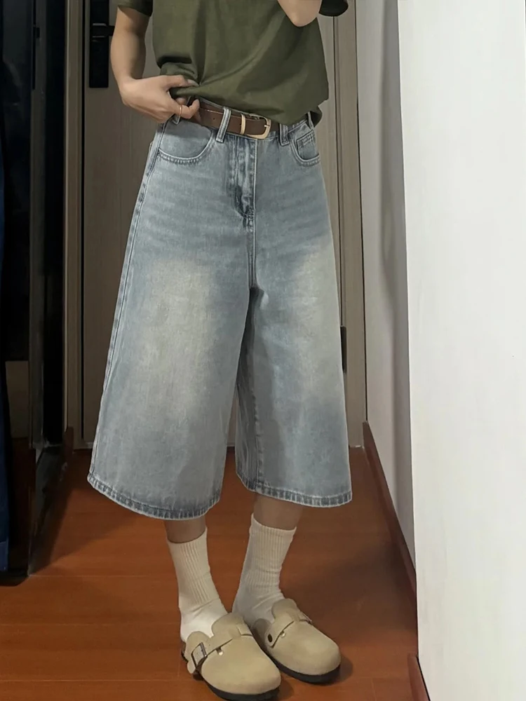 Loose Wide Leg Jeans Women's plus Size Slimming Light Blue Denim Casual High Waist Seven-Five-Length Anti-Wrinkle Cotton Blend