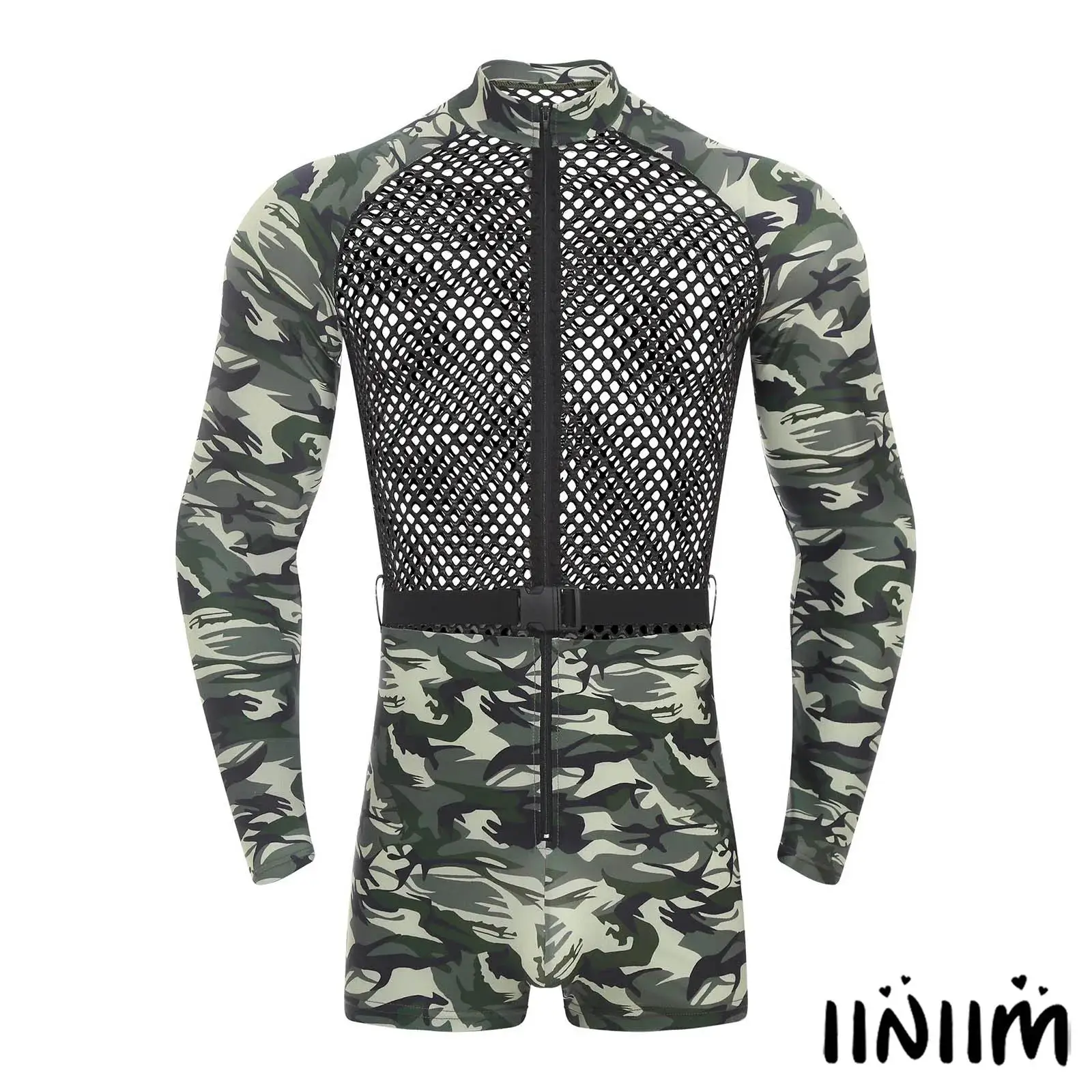 

Edgy Mesh Fishnet Jumpsuit Men Camo Patchwork Buckle Belt Stand Collar Steampunk Bodysuit Halloween Roleplay Festival Wear