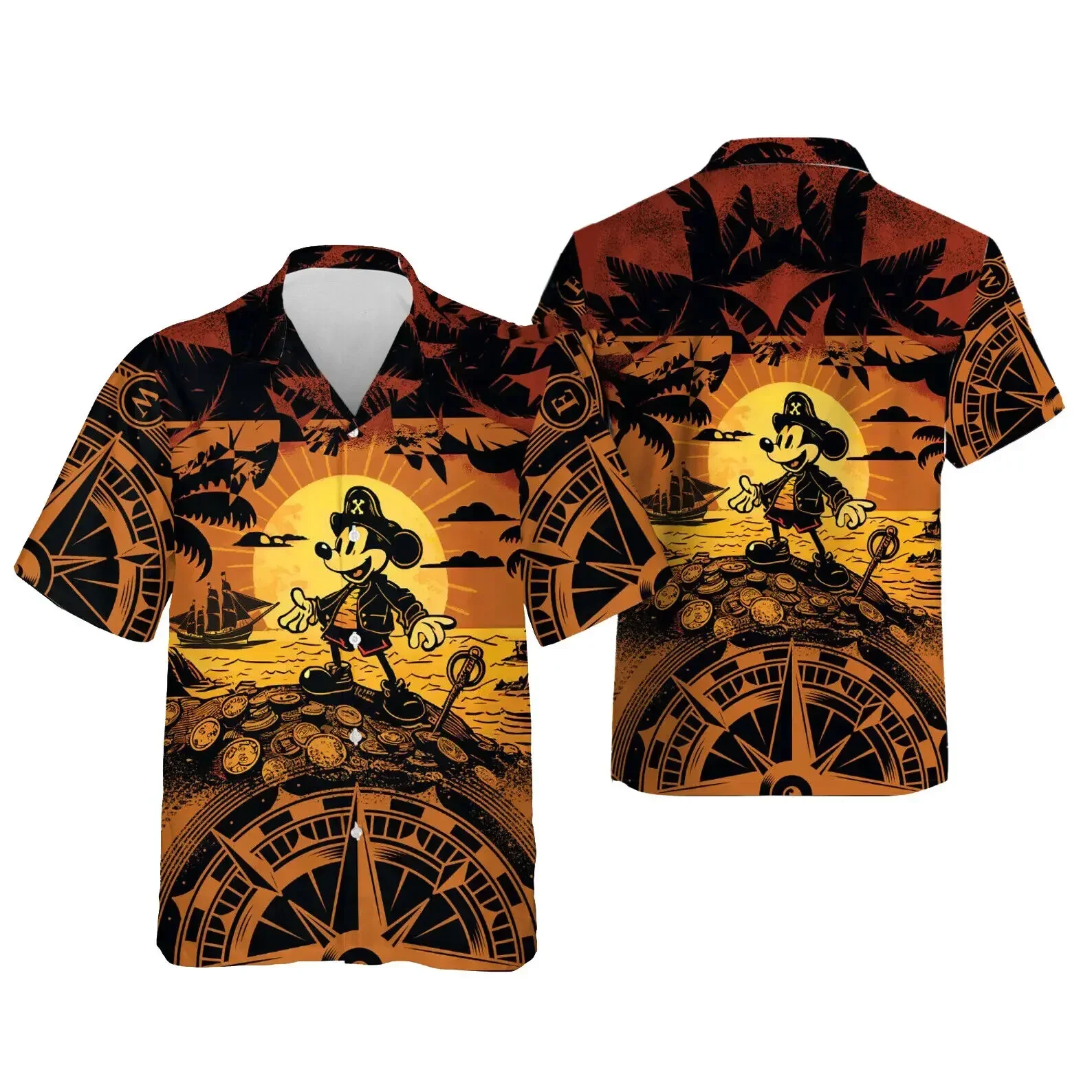 Camisa hawaiana de Disney Pirates, Mickey Mouse, mapa del tesoro, camisa de playa informal para hombre y mujer