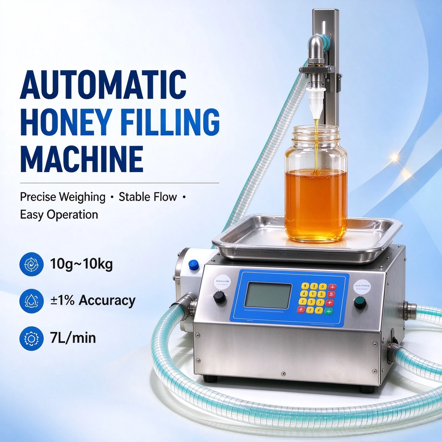 XX-7A Automatic Weighing Honey Filling Machine 10g‑10kg 7L/min Gear Pump Viscous Liquid Filler Honey Syrup Jam Sauce Bottling