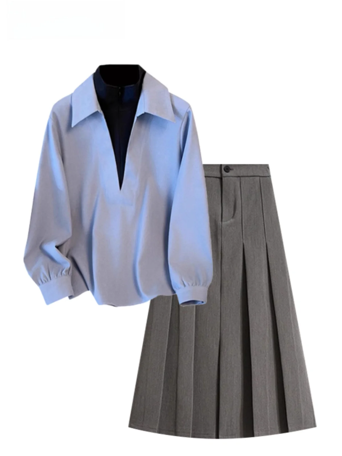 

Slimming Ensemble Women's plus Size Spring Faion Korean Sle High Waist A-Line Skirt Long Sve irt Two-Piece Set