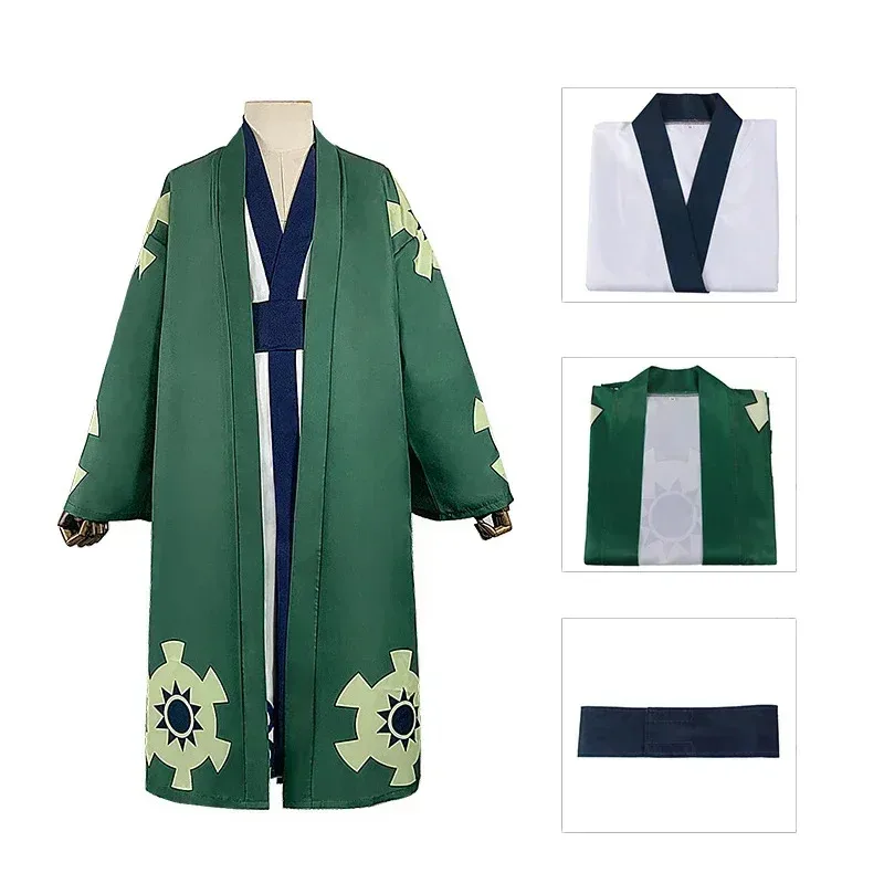 

Anime Roronoa Zoro Cosplay Costume One Wano Piece Kimono Robe Cloak Belt Full Suit Outfit For Woman Men Costume Cloak