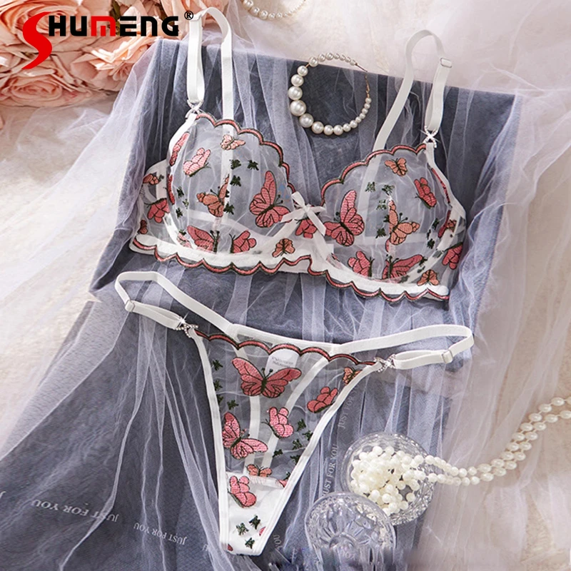 

European American Sweet Style Sexy Lingerie for Women Sheer Embroidered Butterfly Bra Set Lady Underwire Ultra Thin Underwear