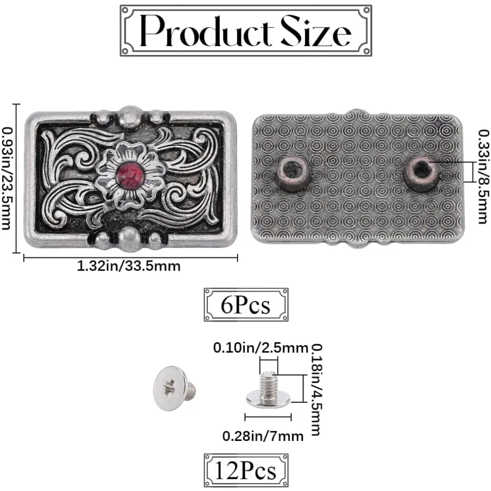 1 Box 6Pcs Flower Decorative Conchos Buckles Rectangle Vintage Alloy Screw Back Red Turquoise Buttons Badge