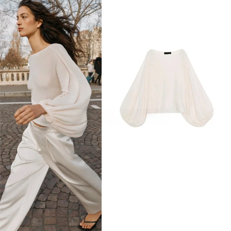 

Spring New Women's Casual Loose Knitted Long Sleeve One-Shoulder Top Breathable Polyester Fiber Comfortable Short Style