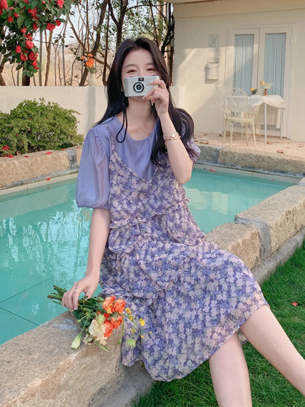 Saia Floral Roxa Ele para Mulheres Verão 2025 Nova Tamanho Pequeno Super Bonita Saia Coreana de Cintura Alta