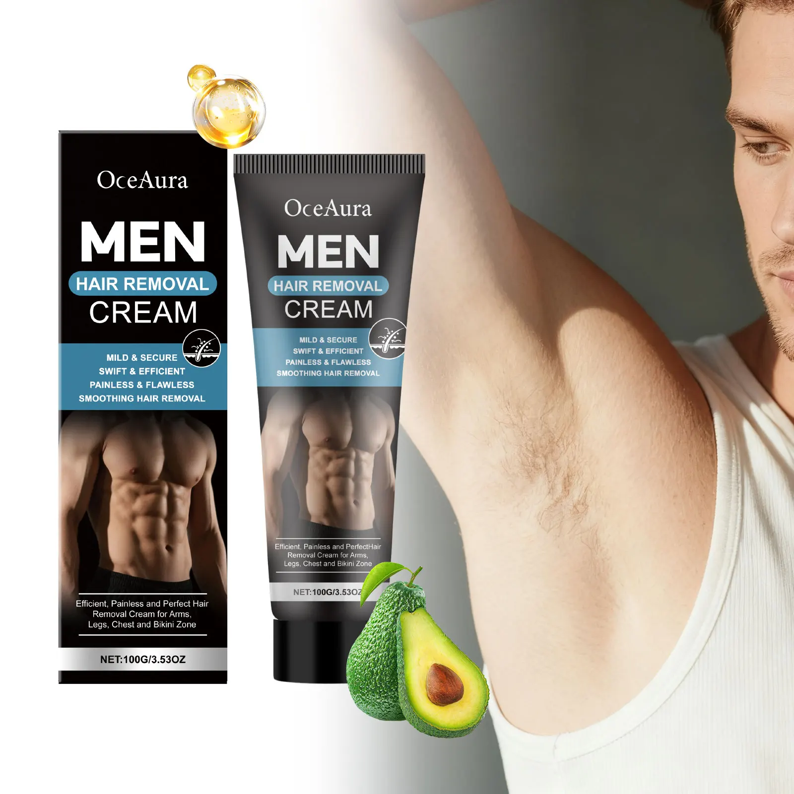 OceAura Men Hair Remover Cream Mild Formula with Aloe Vera Painless Depilatory for Body Arms Legs Bikini Line