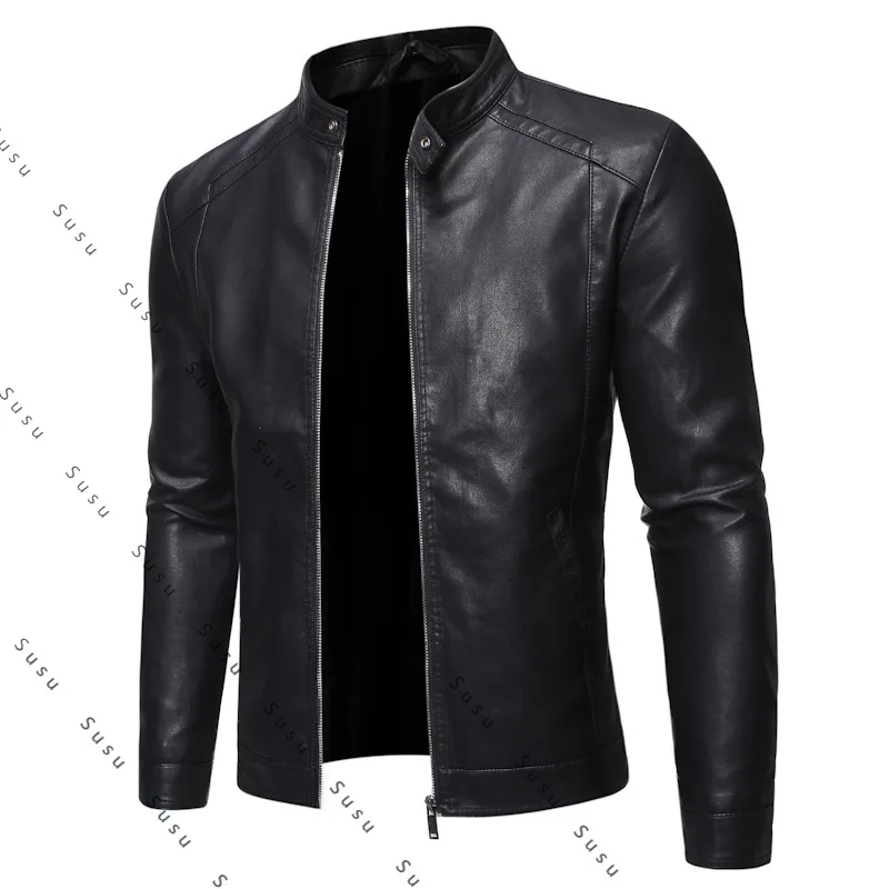 

2025 new leather jacket men's coat autumn velvet thickened slim youth stand-up collar locomotive leather jacket leather jacket m