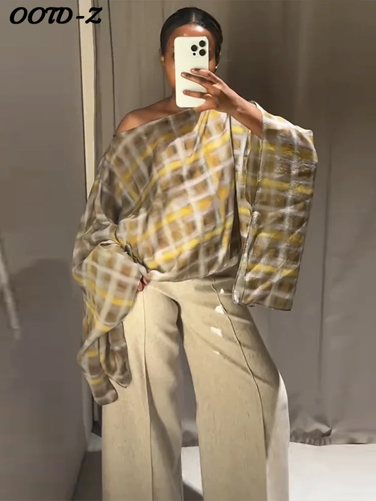 Bufanda a cuadros elegante para mujer, camisa informal que combina con todo con hombros descubiertos, Top holgado con contraste fluido, Tops elegantes para mujer 2025