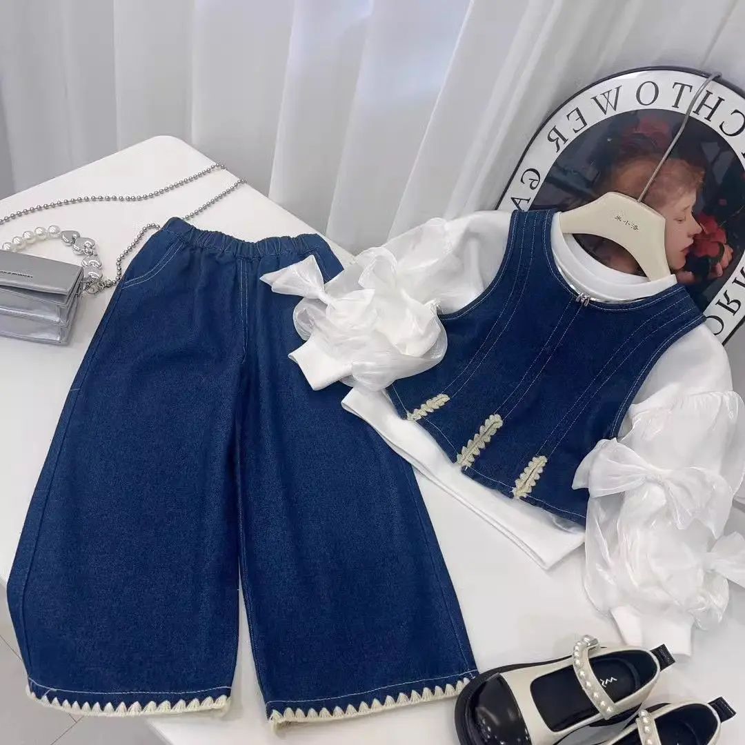 Conjuntos para niños 2025, conjunto de 3 piezas de mezclilla para niñas, chaqueta de estilo coreano + Top y pantalones de pierna ancha, traje de otoño para niños pequeños a la moda