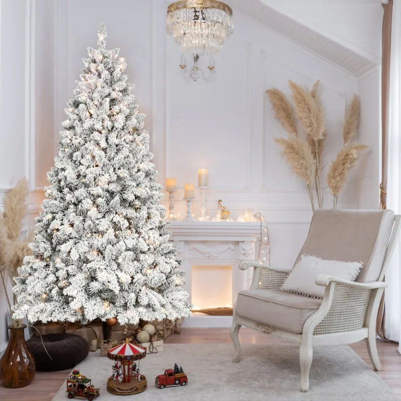 

Magnificent 7.5FT Snow-Flocked Christmas Tree – 550 UL Lights 49 Pine Cones 1474 PVC Tips Hinged Metal Stand