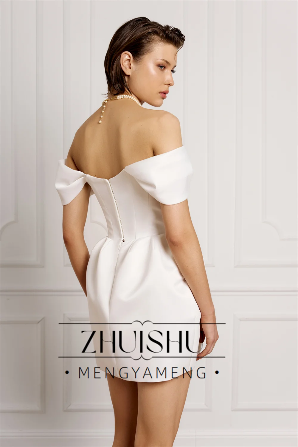 ZHUISHU Simple Satin Short A-Line Wedding Dress Off The Shoulder Pleat Boat-Neck Mini Bridal Gown Customized свадебное плать