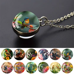 1pc Hummingbird Necklaces Sparrow Bird and Flower Two-Sided Glass Ball Pendant Chains Necklace for Women Men Cute Animal Jewelry