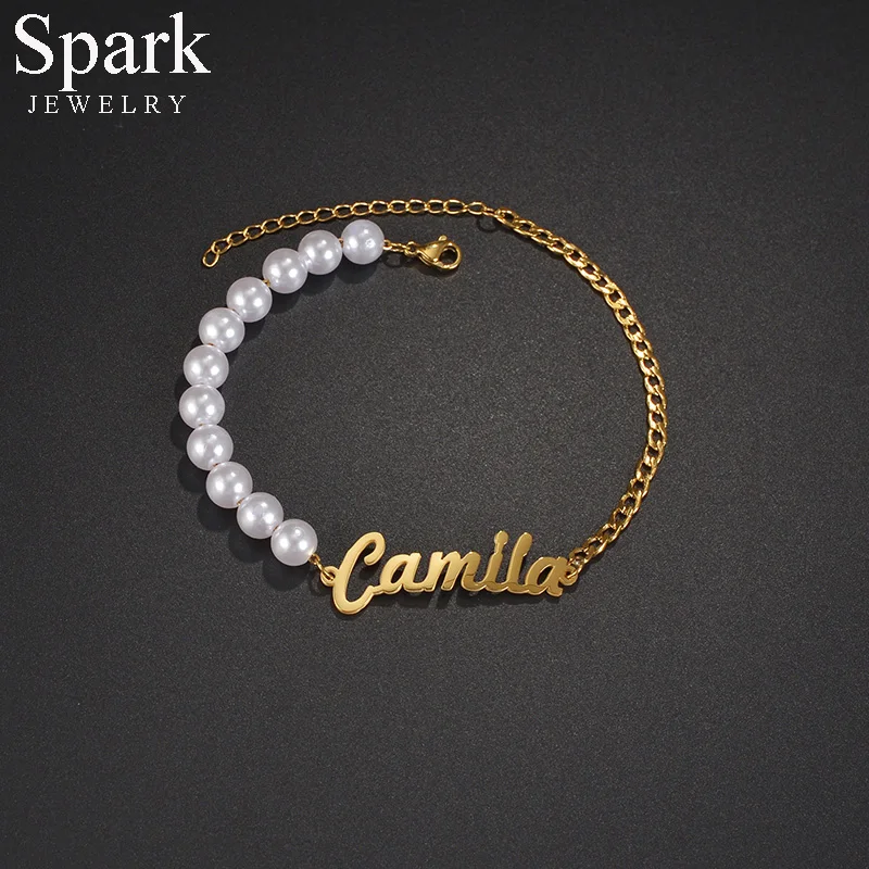 Spark Custom Name Pearl Bracelet Gold Color For Women Personality Stainless Steel Party Gifts