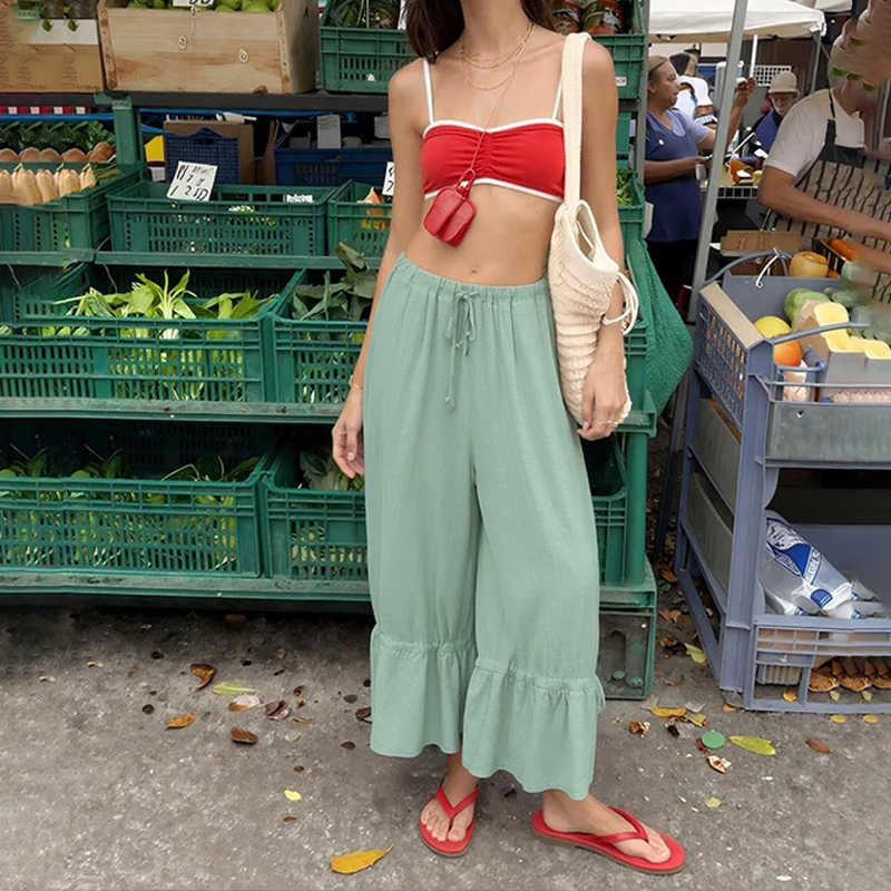 BKLD Macaron Color Linen Drawstring Ruffle Pocket Loose Fit Casual Fashion Comfortable Women's Wide-leg Pants Holiday Streetwear