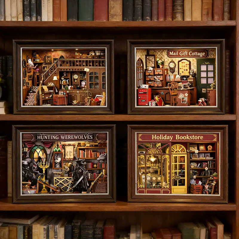 DIY 3D Wooden Book Nook Kit Miniature Dollhouse with LED Light Bookshelf Insert Photo Frame Home Decor for Friends Birthday Gift