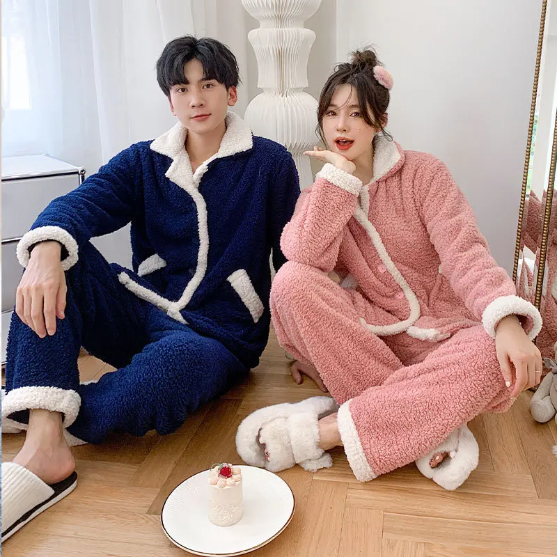 

Winter Couple Pajamas Set Thickened Flannel Sleepwear with Pocket Warm Coral Fleece Female Pijamas Suit Loose Casual Home Wear