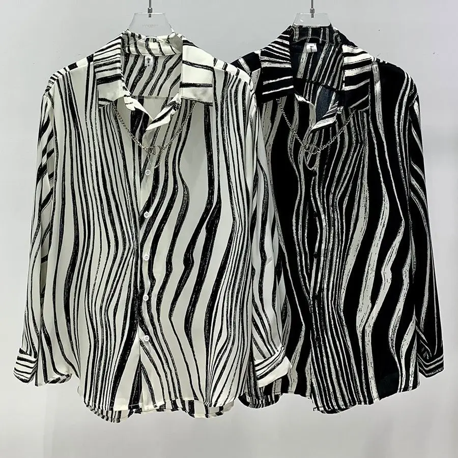 

Black And White Zebra Shirt Spring Striped Print Casual Shirts Men Cool Blouses Long Sleeve Graphic Y2K Tops Large Size A140