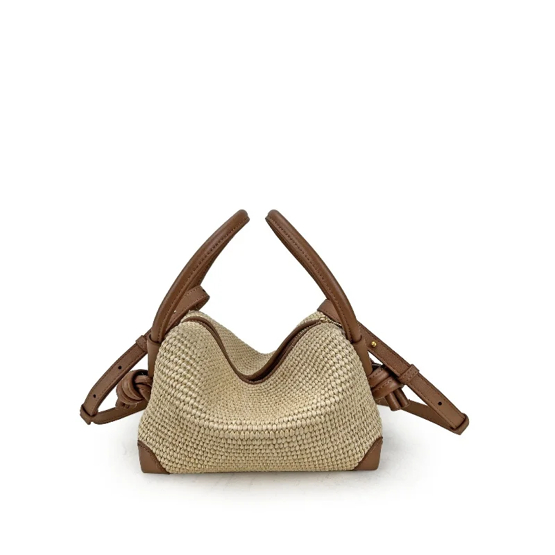 

2025 Woven Straw Genuine Leather Handbags Women Casual Fashion Classic Design Soft Cowhide Paired With Lafite Shoulder Bags Tote