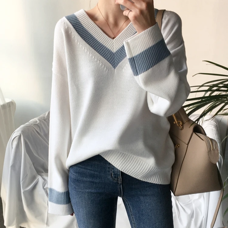 

Ladies Striped Knitted Loose Sweater Women Pullover Tops Long Sleeve V-neck Jumper Knitted Ribbed Casual Sweater Female