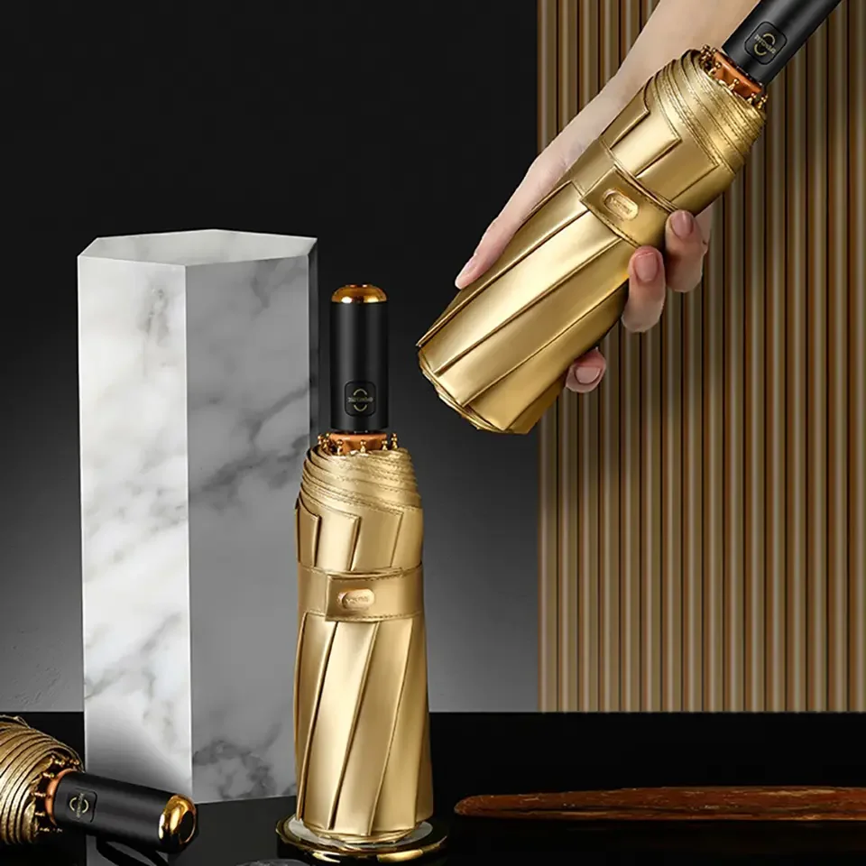 

Golden Automatic Umbrella Women Portable Three Folding Luxury Umbrella Girls Protection Parasol 10K Double Layer Umbrellas