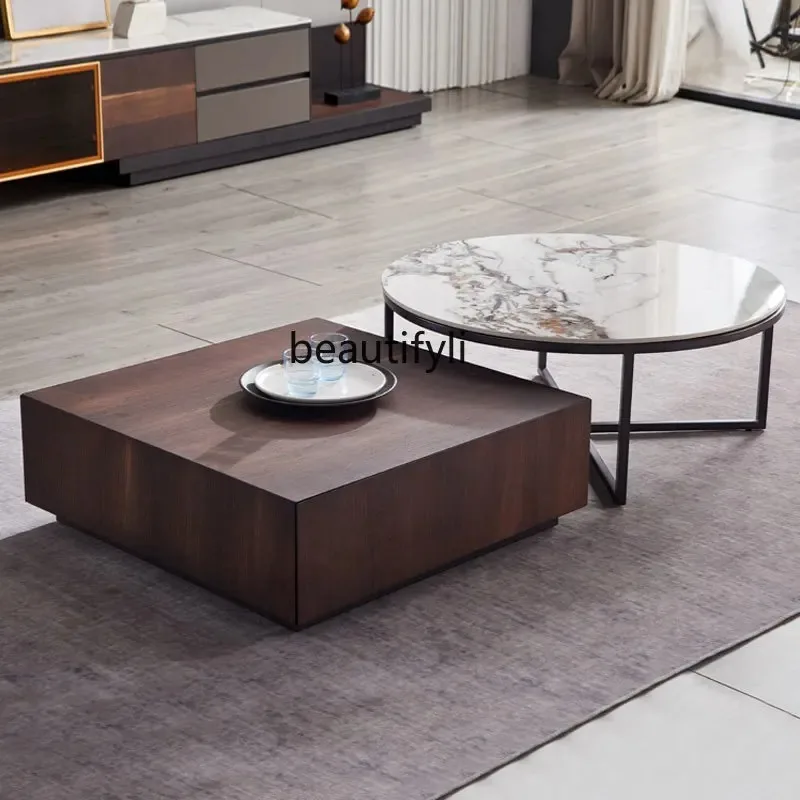 โต๊ะกาแฟทรงสี่เหลี่ยมสไตล์อิตาเลียนหรูหราเบาๆ รุ่น V132 สีสโมคกี้ โมเดิร์น มินิมอล สำหรับห้องนั่งเล่น พร้อมตู้เก็บของใต้โต๊ะ