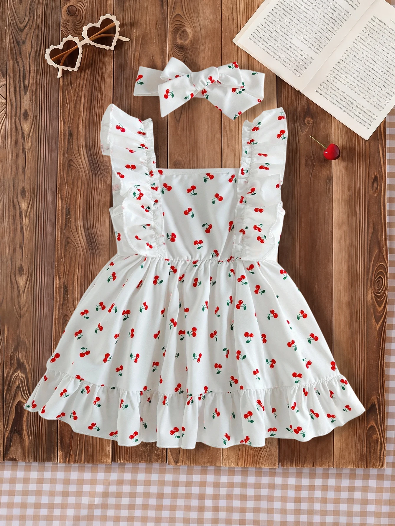 Baby and Toddler Summer Thin Dress Clothing, Children's Comfortable and Simple Cherry Pattern Crew Neck Sleeveless Pastoral Style Dress, Children's Clothing, Cute Lace Flutter Sleeve Ladylike Versatile Outfit for Baby Girls, Youthful and Sweet Vacation Style Outfit, Suitable for Outdoor, Casual, Gatherings, Parties, Holiday Gifts