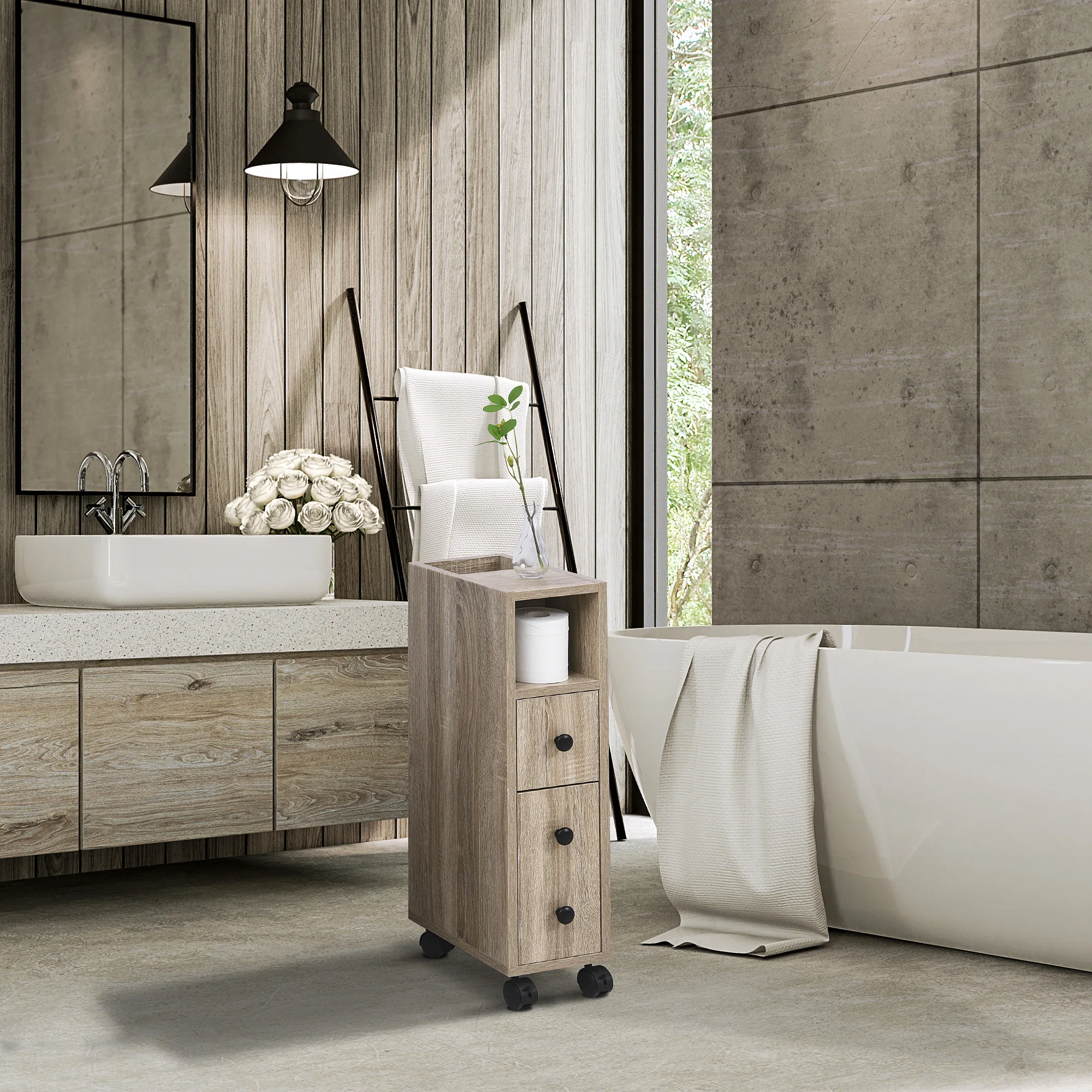 Freestanding Compact Design Bathroom Cabinet with 2 Open Cabinets, 1 Door Cabinet, 1 Drawer and 4 Rolling Wheels, Oak