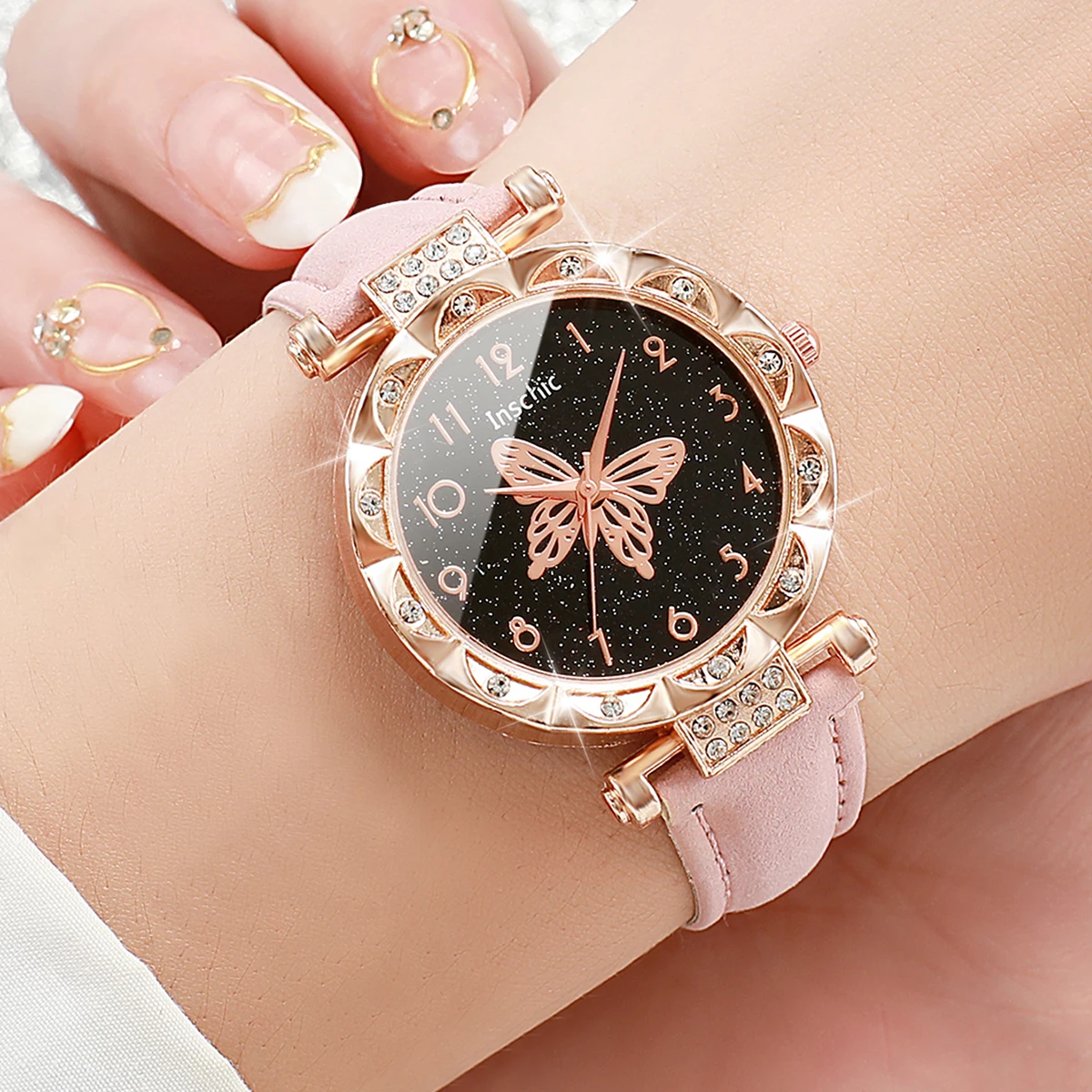 2PCs/Set Women Butterfly Dial Watch Black Pink Color Leather Strap Quartz Watch