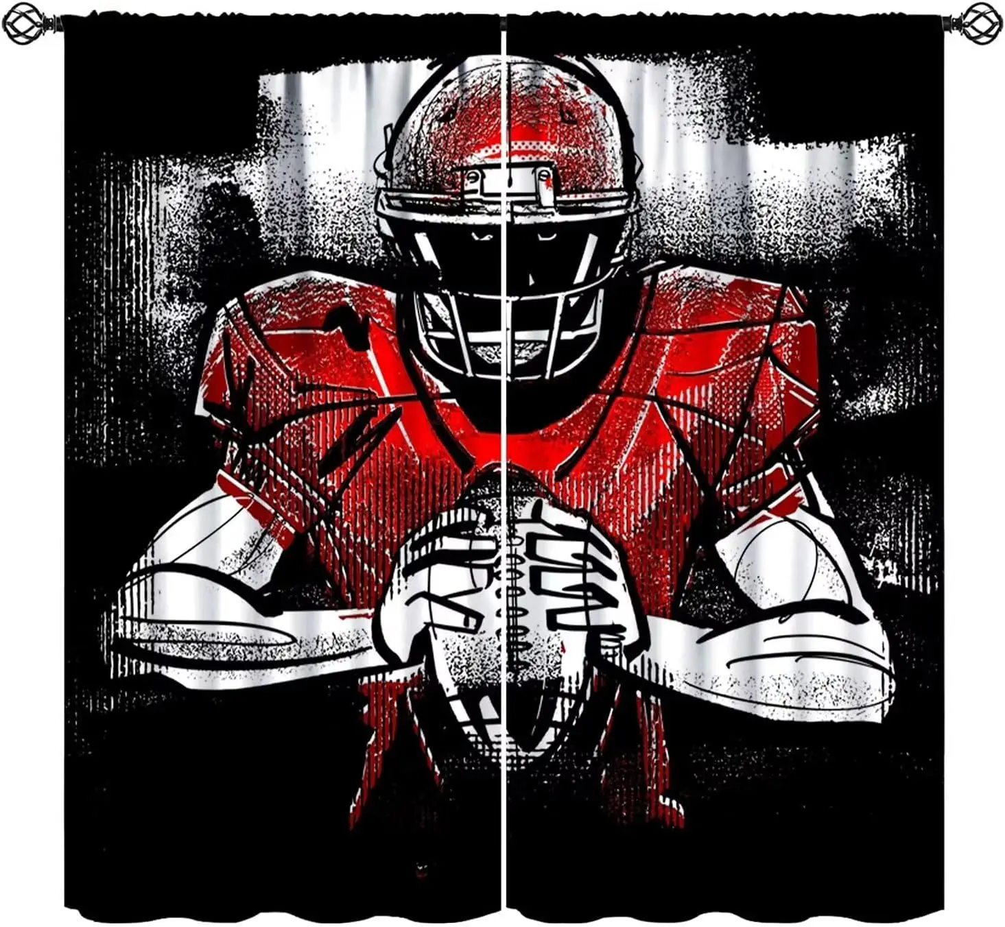 Dynamic Graffiti Rugby Athlete Theme Curtain 2 Panels Dark Base Red Jersey Helmet Print Window Curtain Sport Masculine Home