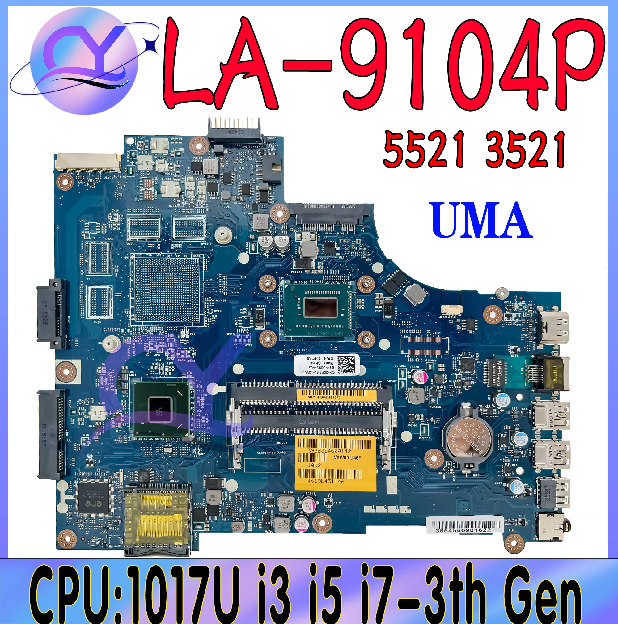 

LA-9104P Mainboard For Dell Inspiron 15 3521 5521 6H8WV 06H8WV CN-06H8WV Laptop Motherboard With 1007U/1017U i3 i5 i7-3th UMA