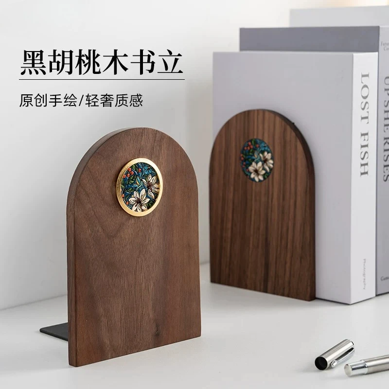 ✨hand-painted-floral-berry-bookends-vintage-solid-black-walnut-wood-book-stopper-luxury-desktop-decor-unique-gift-for-reader