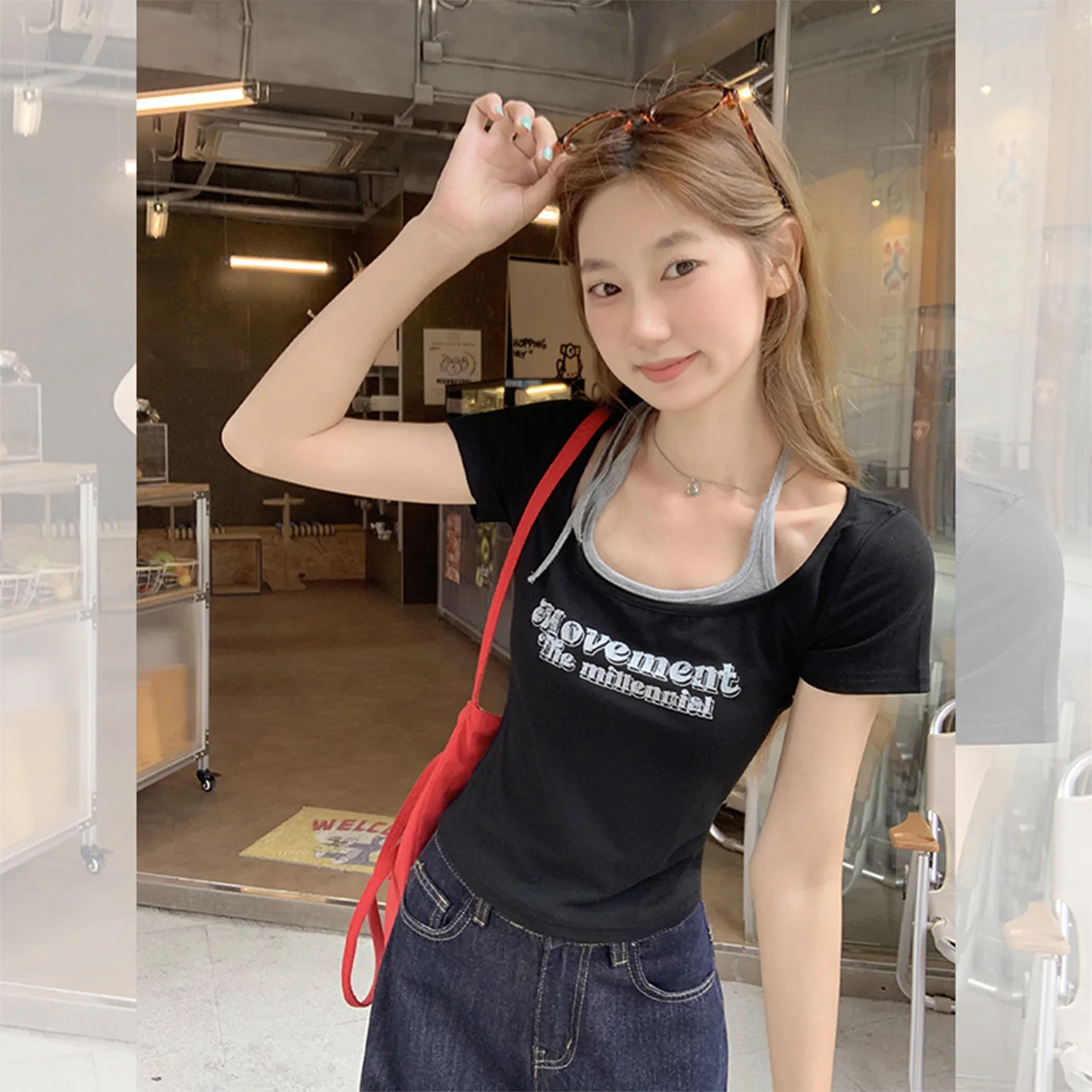 

American Style Black Printed Fake Two-Piece Short Sleeve T-Shirt for Women Summer 2025 New Slim Fit Slimming Regular Shoulder