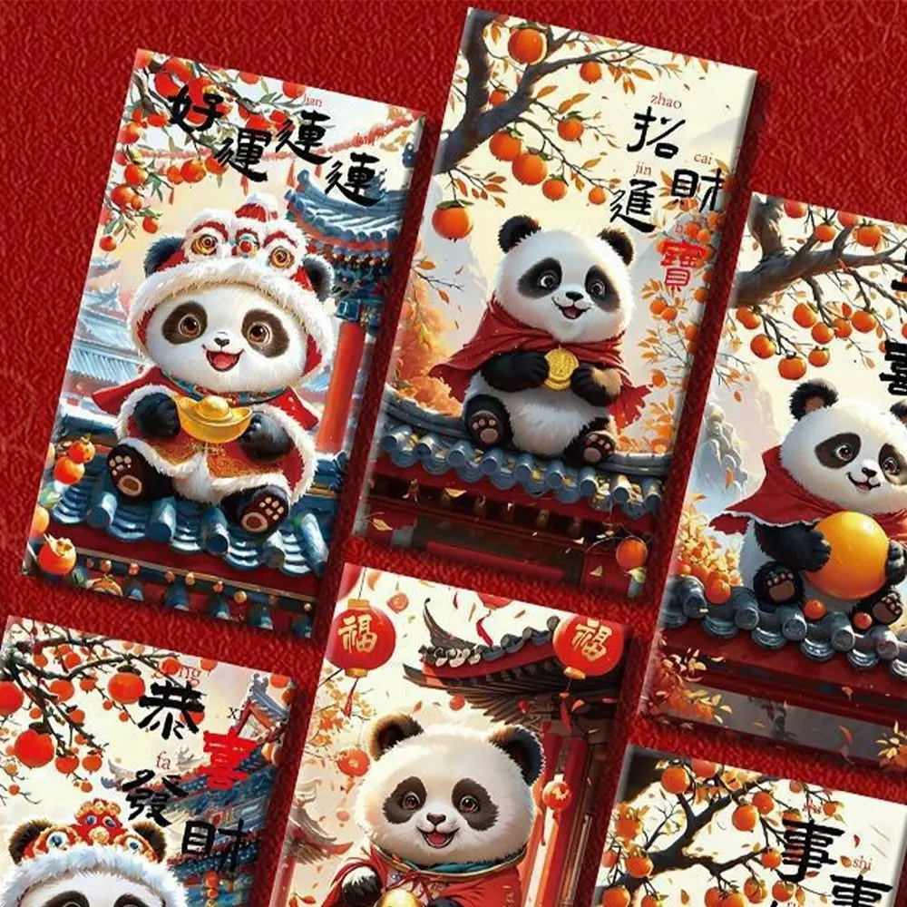 6pcs Cute Cartoon New Year Red Envelopes Chinese Style Traditional Panda Red Packet Hongbao Blessing Gifts Packing Bags Bonus