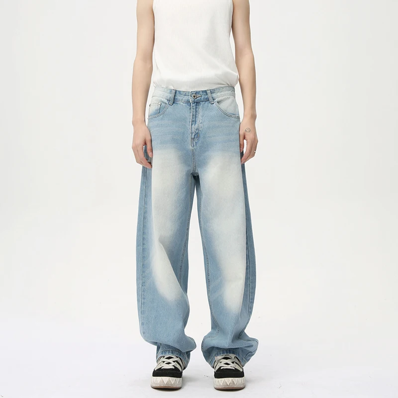 WTHT แฟชั่นฤดูร้อนผู้ชายล้างการออกแบบไล่โทนสีตรงกางเกงยีนส์วินเทจอินเทรนด์หลวมเอวสูงกางเกงยีนส์ขากว้างชาย 2A0124